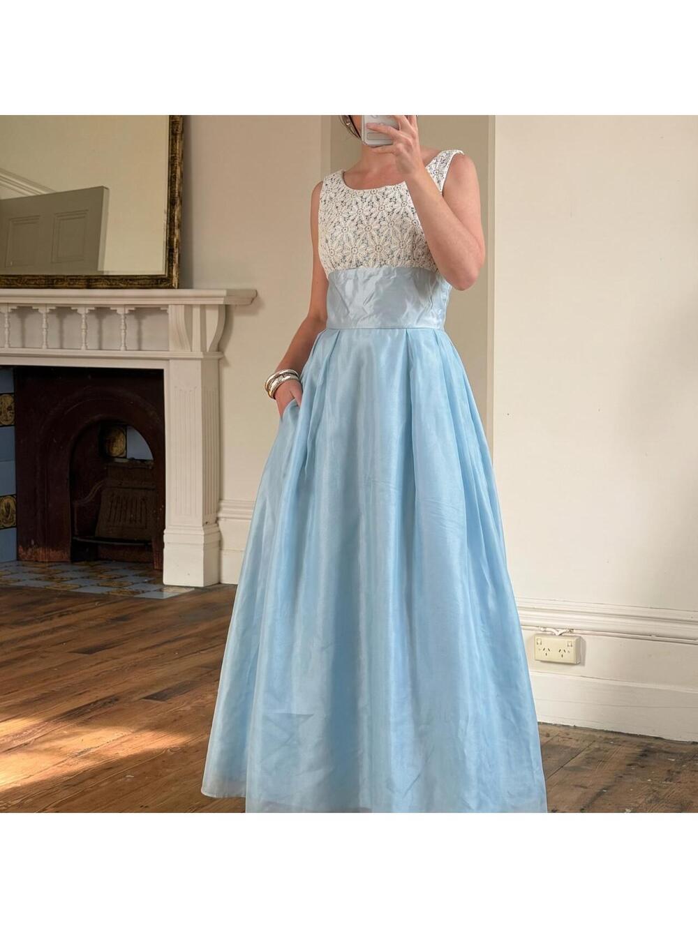 Vintage 1960s Cinderella Blue organza Lace Prom Gown